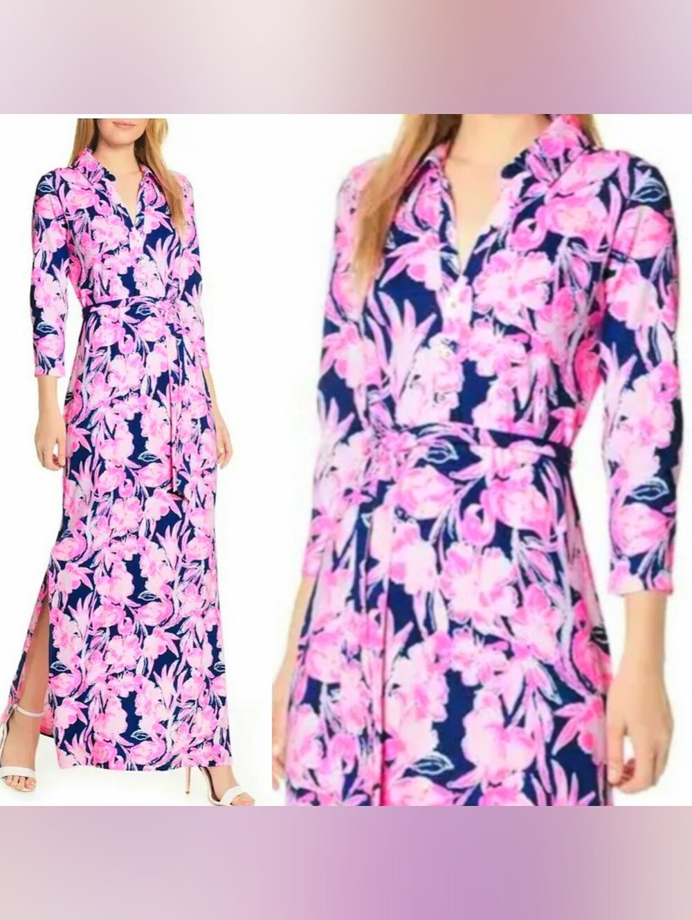Lily Pulitzer Flamingle Flamingo Print Inky Navy & Pink Holloway Maxi Dress XL